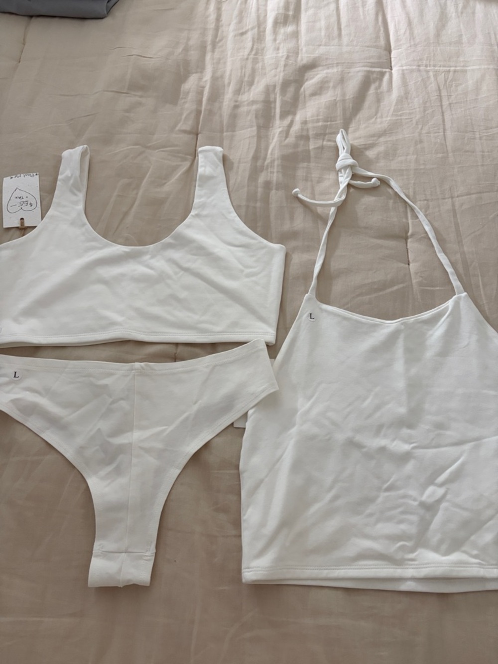 White halter top matching thong and sports bra  L NWT